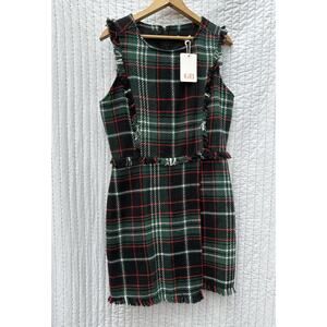 GB Dress Tweed Christmas Plaid Red Green Fringe Large Juniors Sleeveless Holiday